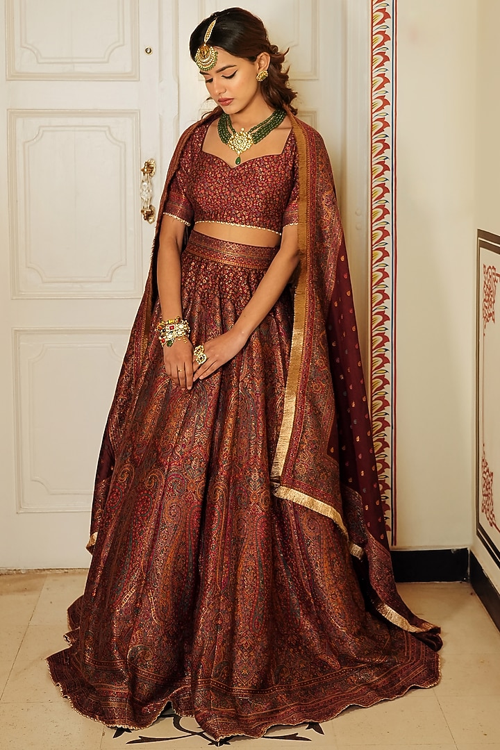 Maroon Self Woven Vegan Silk Wedding Lehenga Set by Safaa at Pernia's Pop Up Shop