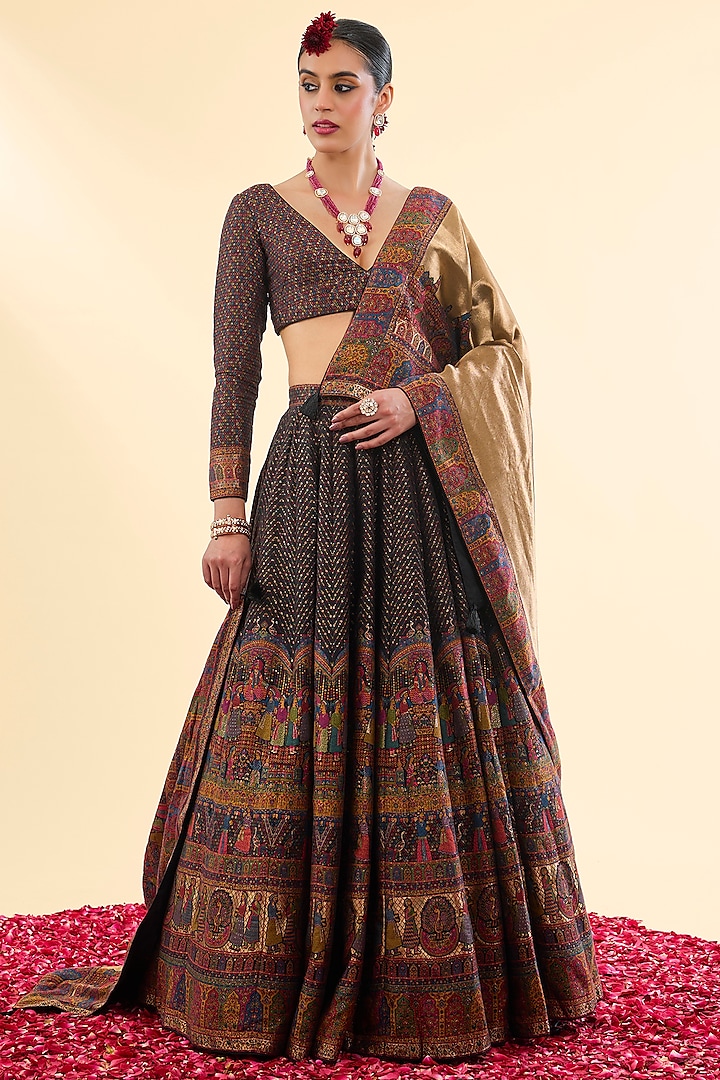 Black Moonga Silk Wedding Lehenga Set by Safaa at Pernia's Pop Up Shop