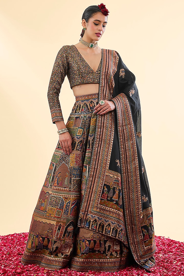 Black Moonga Silk Wedding Lehenga Set by Safaa at Pernia's Pop Up Shop