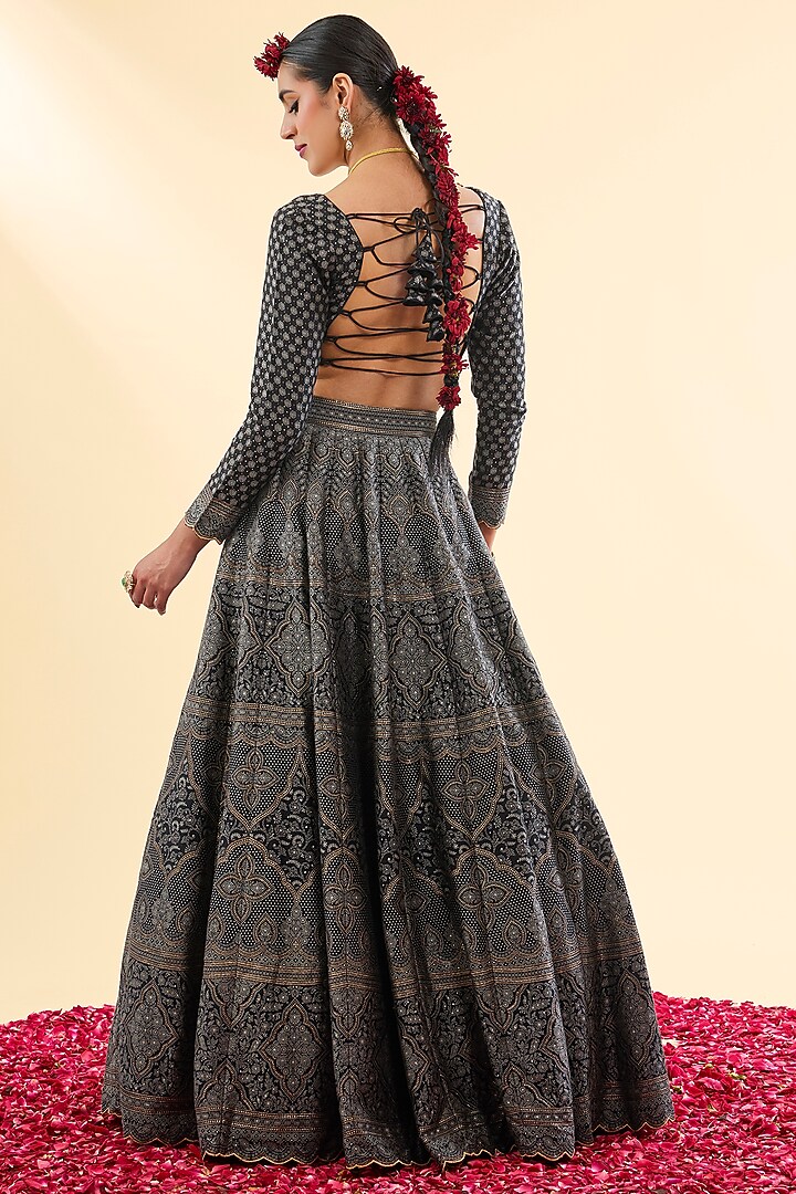 Black Vegan Silk Chikankari Woven Wedding Lehenga Set by Safaa at Pernia's Pop Up Shop