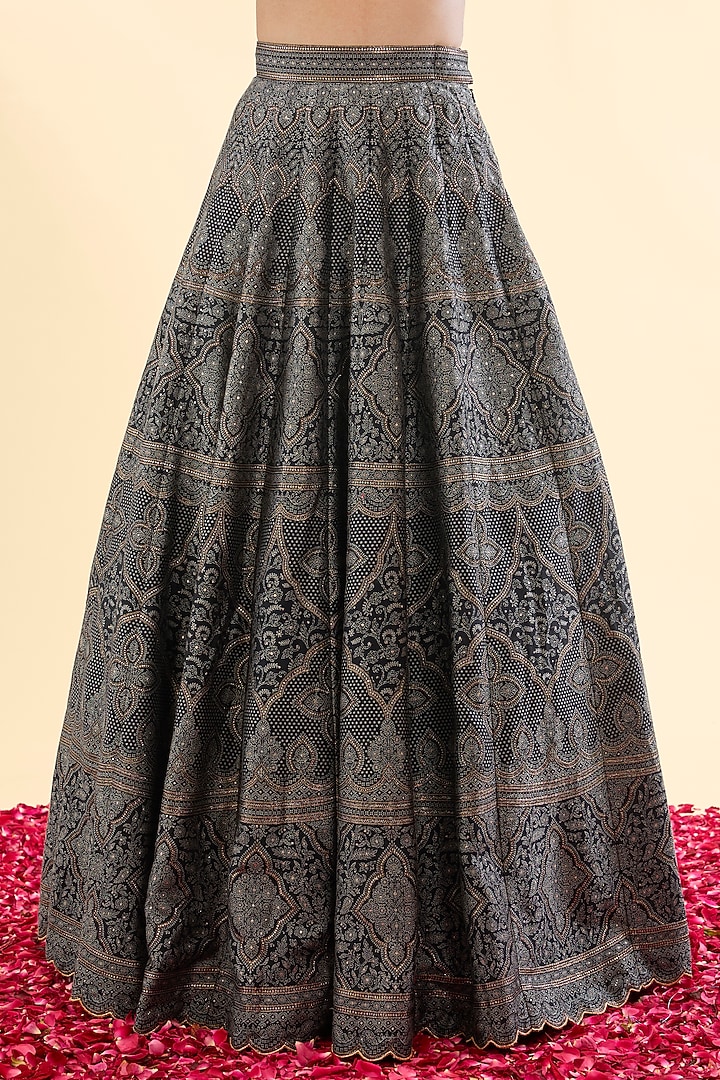 Black Vegan Silk Chikankari Woven Wedding Lehenga Set by Safaa at Pernia's Pop Up Shop