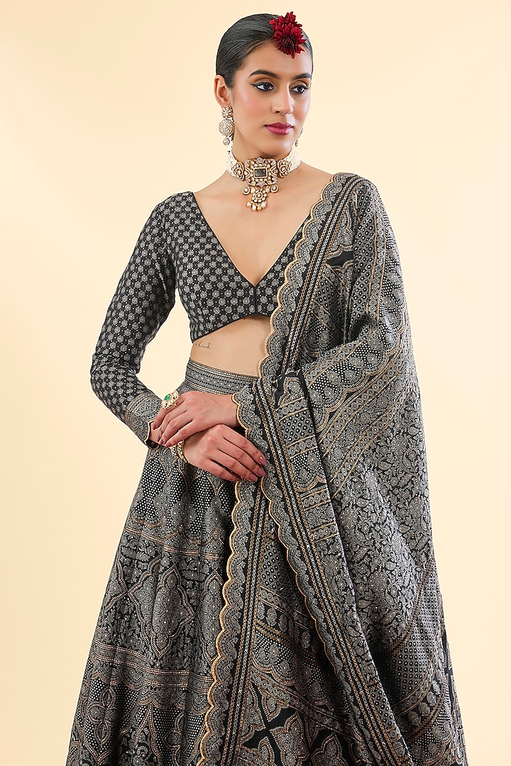 Black Vegan Silk Chikankari Woven Wedding Lehenga Set by Safaa at Pernia's Pop Up Shop