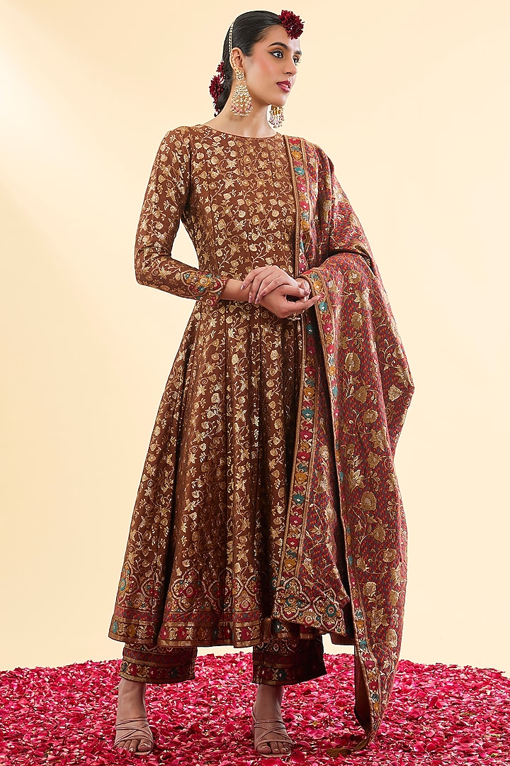 Brown Vegan Silk Banarasi Woven Anarkali Set by Safaa at Pernia's Pop Up Shop