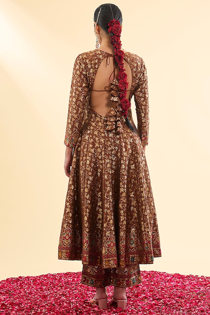 Brown Vegan Silk Banarasi Woven Wedding Anarkali Set by Safaa at Pernia's Pop Up Shop