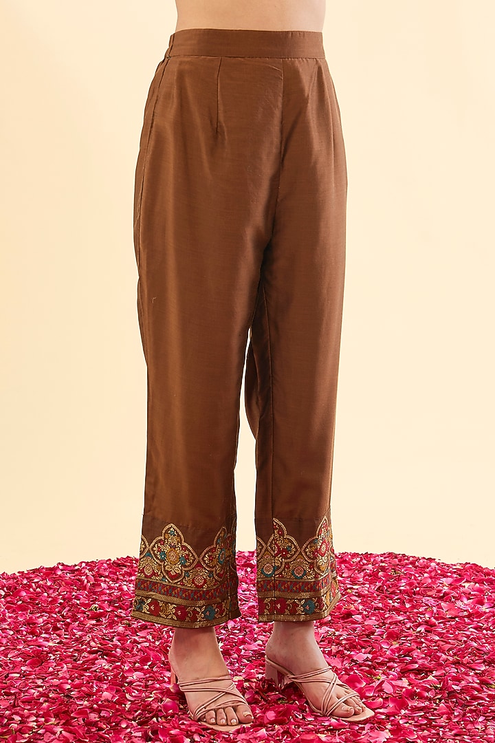 Brown Vegan Silk Banarasi Woven Wedding Anarkali Set by Safaa at Pernia's Pop Up Shop