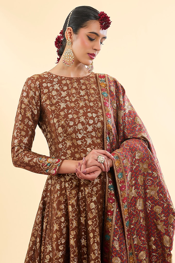 Brown Vegan Silk Banarasi Woven Wedding Anarkali Set by Safaa at Pernia's Pop Up Shop