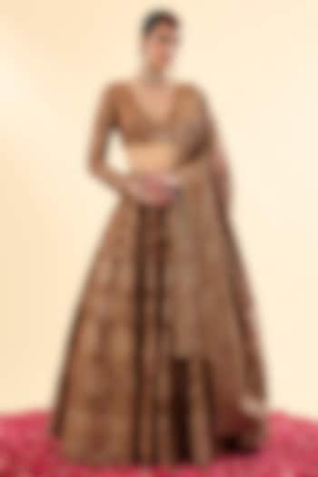 Brown Vegan Silk Bandhani Woven Wedding Lehenga Set by Safaa at Pernia's Pop Up Shop