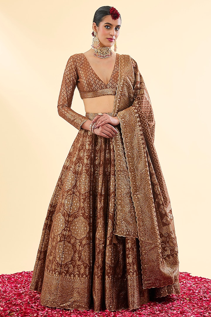 Brown Vegan Silk Bandhani Woven Wedding Lehenga Set by Safaa at Pernia's Pop Up Shop