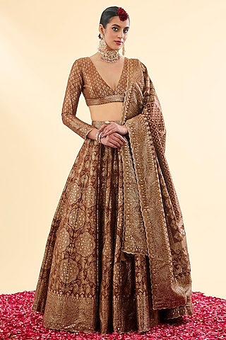 Brown Vegan Silk Bandhani Woven Lehenga Set by Safaa