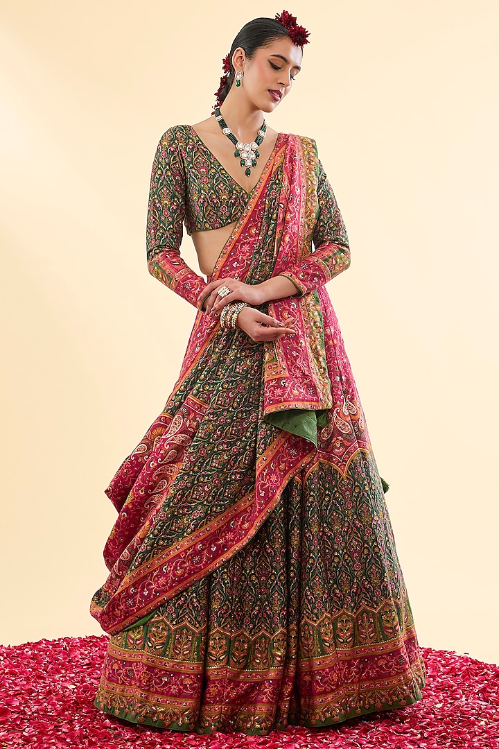 Green & Magenta Vegan Silk Embroidered Wedding Lehenga Set by Safaa at Pernia's Pop Up Shop