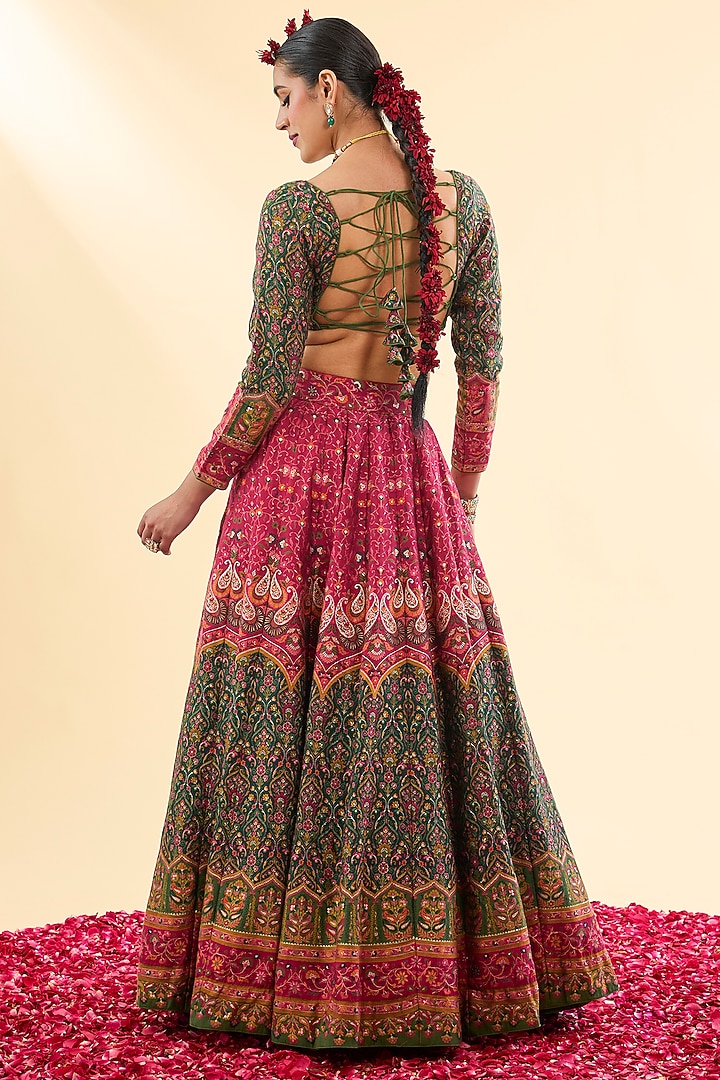 Green & Magenta Vegan Silk Beadwork Wedding Lehenga Set by Safaa at Pernia's Pop Up Shop