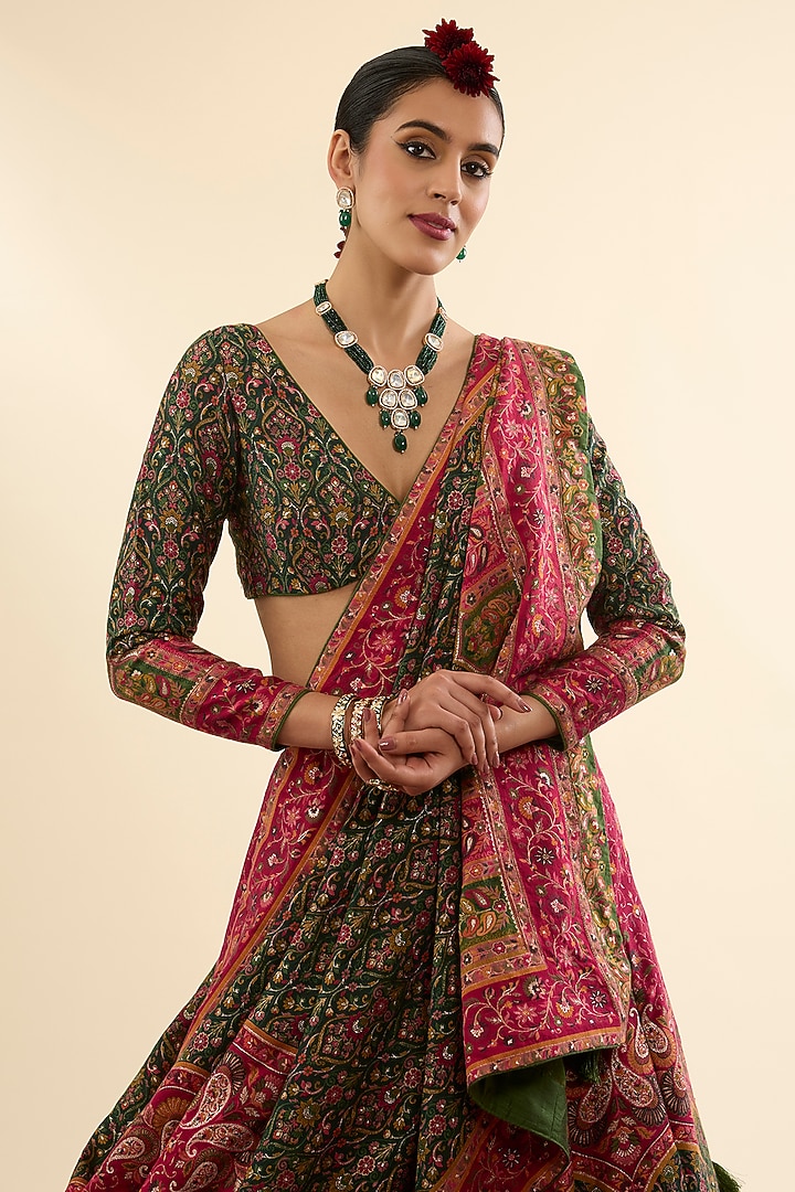 Green & Magenta Vegan Silk Beadwork Wedding Lehenga Set by Safaa at Pernia's Pop Up Shop
