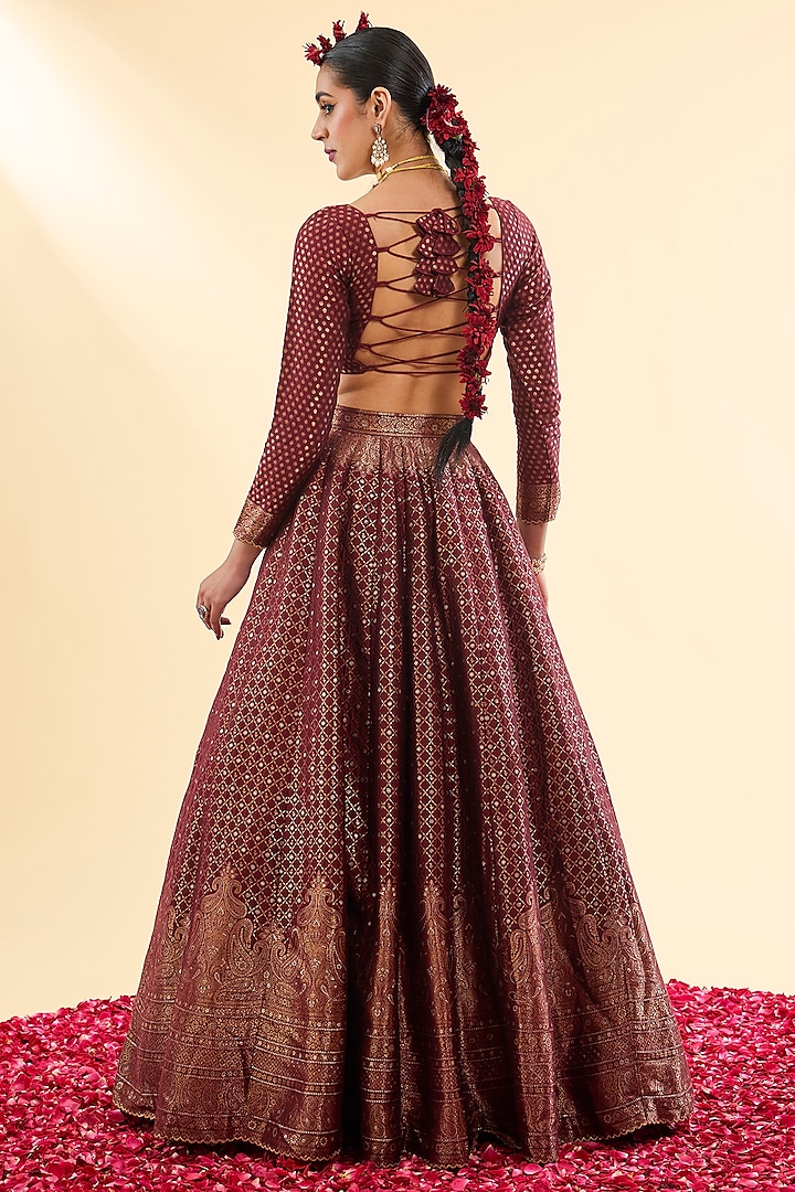 Deep Burgundy Vegan Silk Woven Wedding Lehenga Set by Safaa at Pernia's Pop Up Shop
