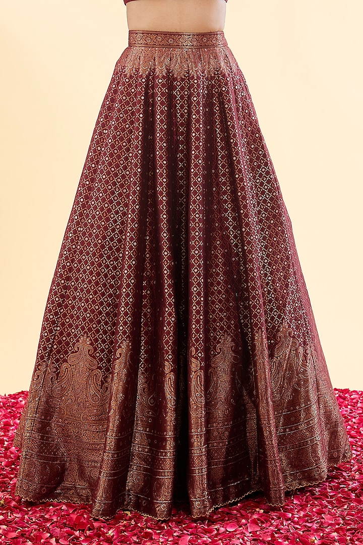Deep Burgundy Vegan Silk Woven Wedding Lehenga Set by Safaa at Pernia's Pop Up Shop