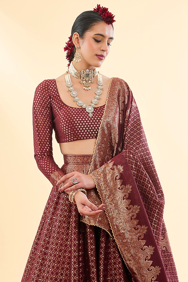 Deep Burgundy Vegan Silk Woven Wedding Lehenga Set by Safaa at Pernia's Pop Up Shop