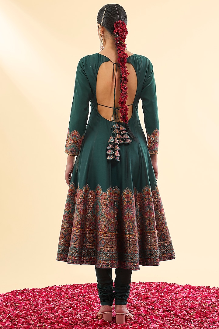 Bottle Green Moonga Silk Wedding Anarkali Set by Safaa at Pernia's Pop Up Shop