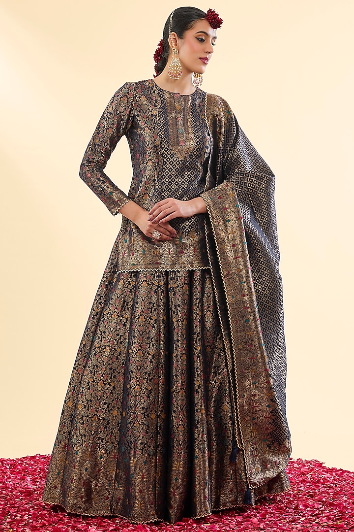 Deep Navy Blue Vegan Silk Wedding Lehenga Set by Safaa at Pernia's Pop Up Shop