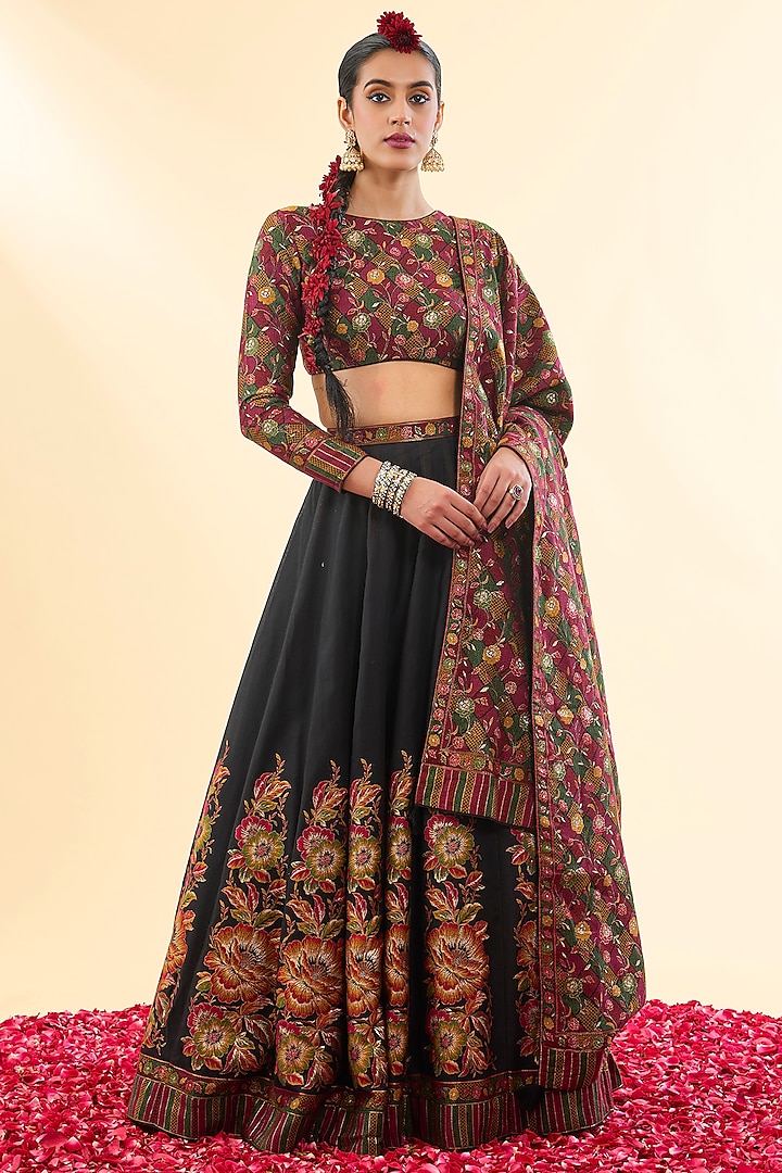 Black Moonga Silk Wedding Lehenga Set by Safaa at Pernia's Pop Up Shop