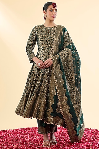 Bottle Green Vegan Silk Anarkali Set by Safaa