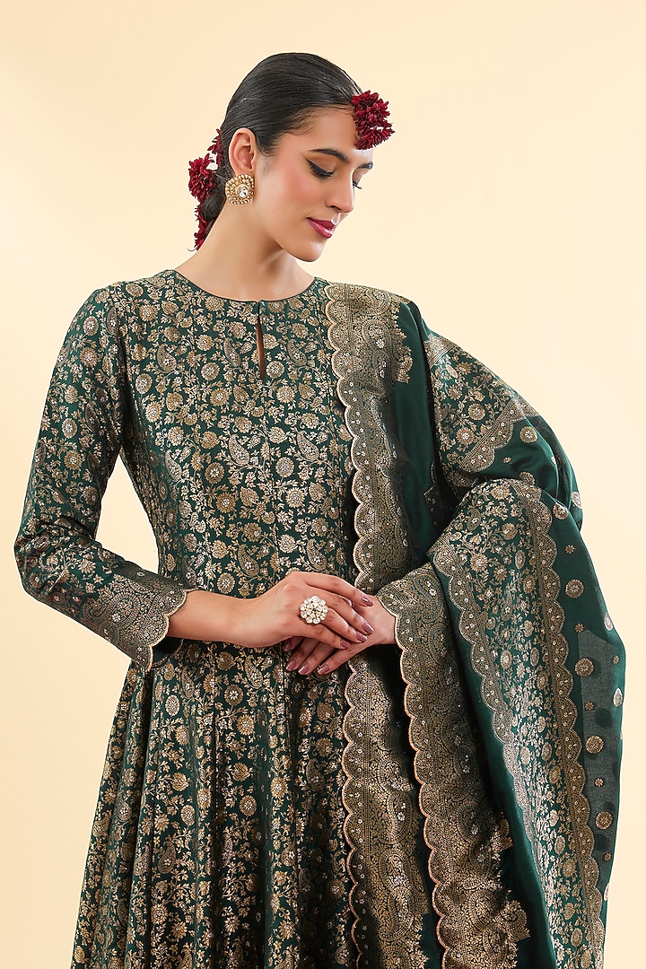 Bottle Green Vegan Silk Wedding Anarkali Set by Safaa at Pernia's Pop Up Shop