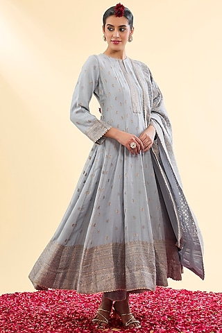 Grey Vegan Silk Anarkali Set by Safaa