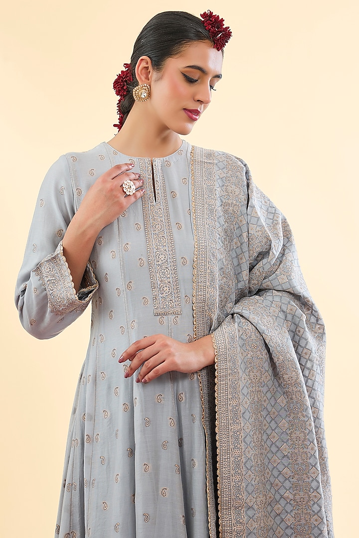 Grey Vegan Silk Wedding Anarkali Set by Safaa at Pernia's Pop Up Shop