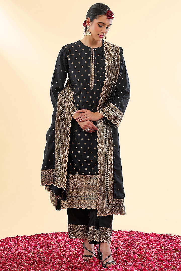 Black Vegan Silk Golden Woven Work A-Line Kurta Set by Safaa at Pernia's Pop Up Shop