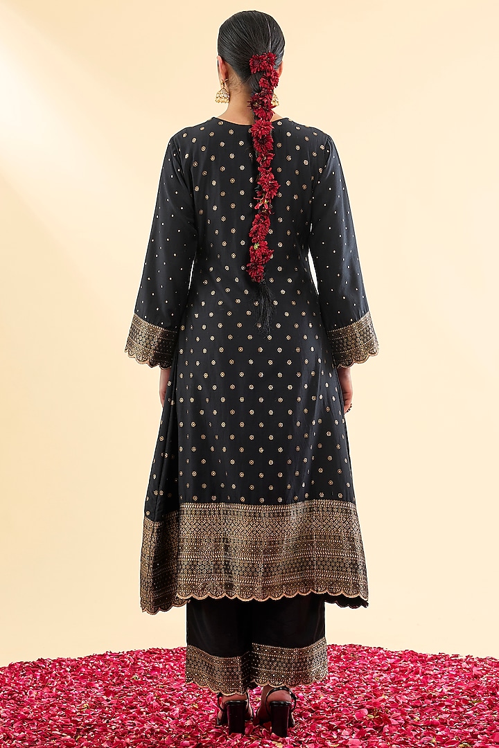 Black Vegan Silk Golden Woven Work A-Line Kurta Set by Safaa at Pernia's Pop Up Shop
