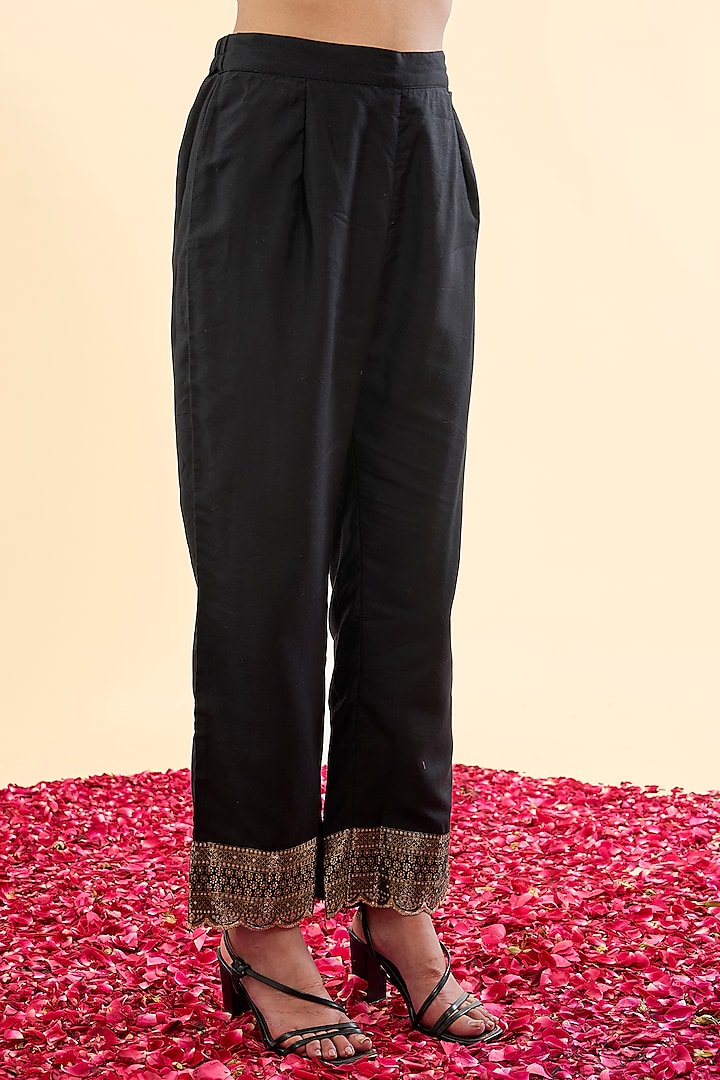Black Vegan Silk Golden Woven Work A-Line Kurta Set by Safaa at Pernia's Pop Up Shop