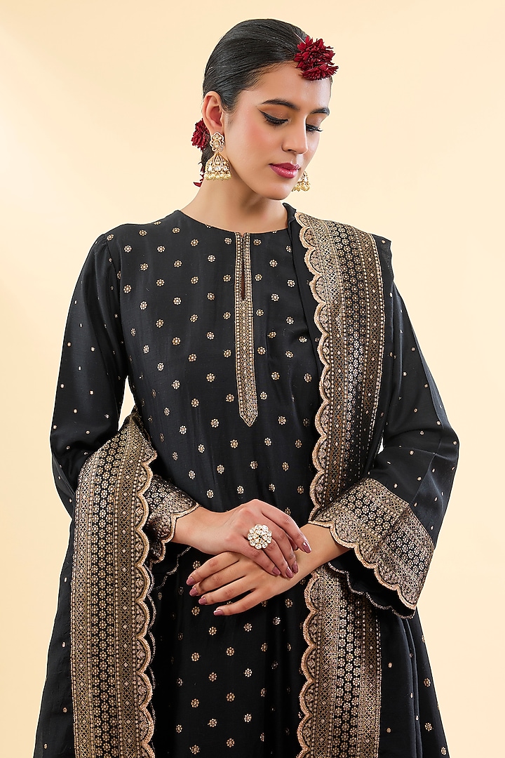Black Vegan Silk Golden Woven Work A-Line Kurta Set by Safaa at Pernia's Pop Up Shop