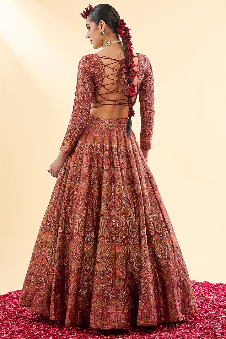 Maroon Moonga Silk Gold Embellished Wedding Lehenga Set by Safaa at Pernia's Pop Up Shop
