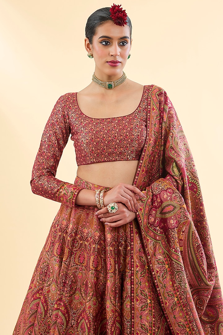 Maroon Moonga Silk Gold Embellished Wedding Lehenga Set by Safaa at Pernia's Pop Up Shop