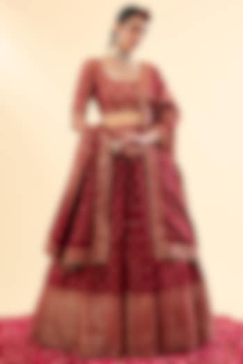 Maroon Vegan Silk Woven Wedding Lehenga Set by Safaa at Pernia's Pop Up Shop