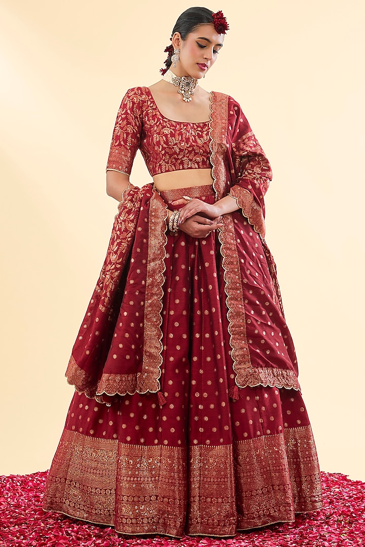 Maroon Vegan Silk Woven Wedding Lehenga Set by Safaa at Pernia's Pop Up Shop