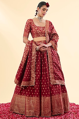 Maroon Vegan Silk Woven Lehenga Set by Safaa
