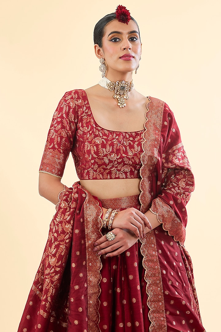 Maroon Vegan Silk Woven Wedding Lehenga Set by Safaa at Pernia's Pop Up Shop