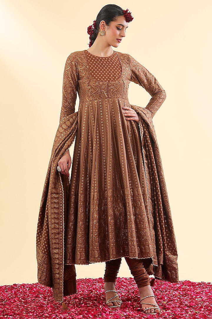 Brown Vegan Silk Anarkali Set by Safaa at Pernia's Pop Up Shop