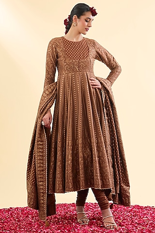 Brown Vegan Silk Anarkali Set by Safaa