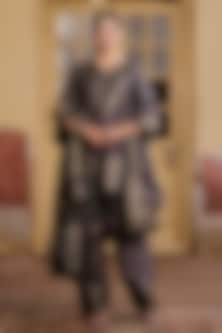 Black Premium Moonga Silk Weave Embroidered Kalidar Kurta Set by Safaa