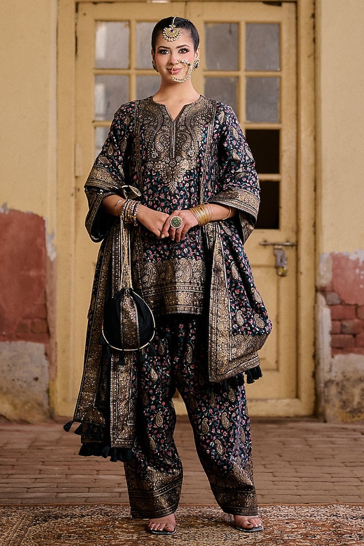 Black Premium Moonga Silk Weave Embroidered Kalidar Kurta Set by Safaa at Pernia's Pop Up Shop