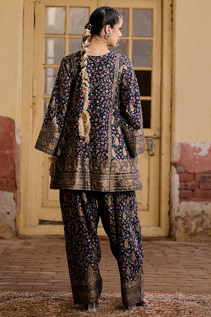 Black Premium Moonga Silk Weave Embroidered Kalidar Kurta Set by Safaa at Pernia's Pop Up Shop