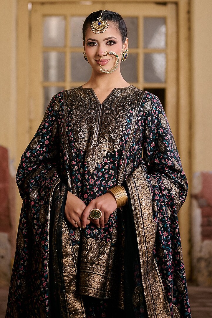 Black Premium Moonga Silk Weave Embroidered Kalidar Kurta Set by Safaa at Pernia's Pop Up Shop