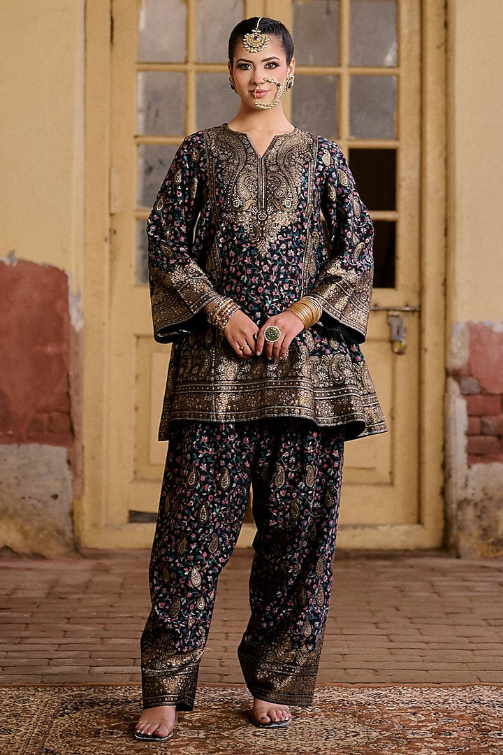 Black Premium Moonga Silk Weave Embroidered Kalidar Kurta Set by Safaa at Pernia's Pop Up Shop