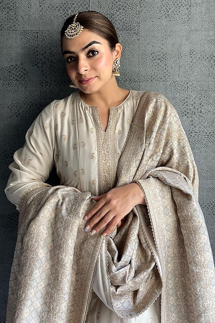 Ivory & Gold Vegan Silk Paisley Kalidar Wedding Anarkali Set by Safaa at Pernia's Pop Up Shop