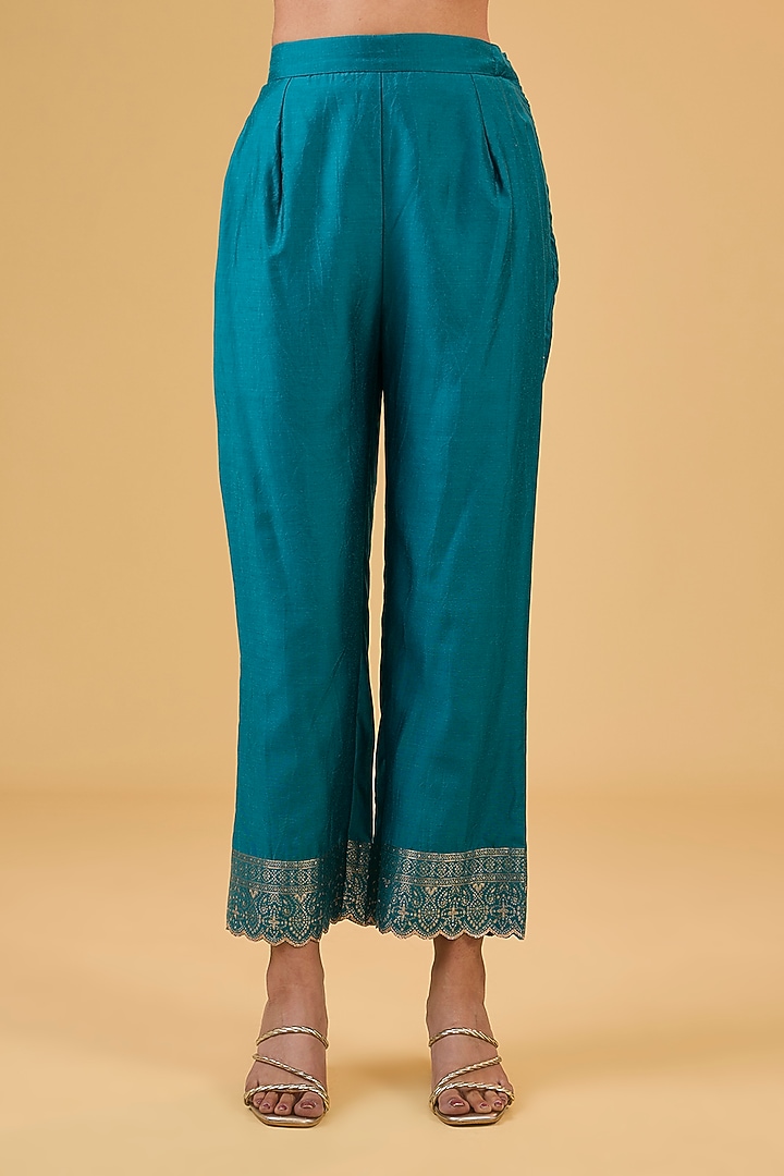 Green Vegan Silk Woven Zari Silk Kurta Set by Safaa at Pernia's Pop Up Shop