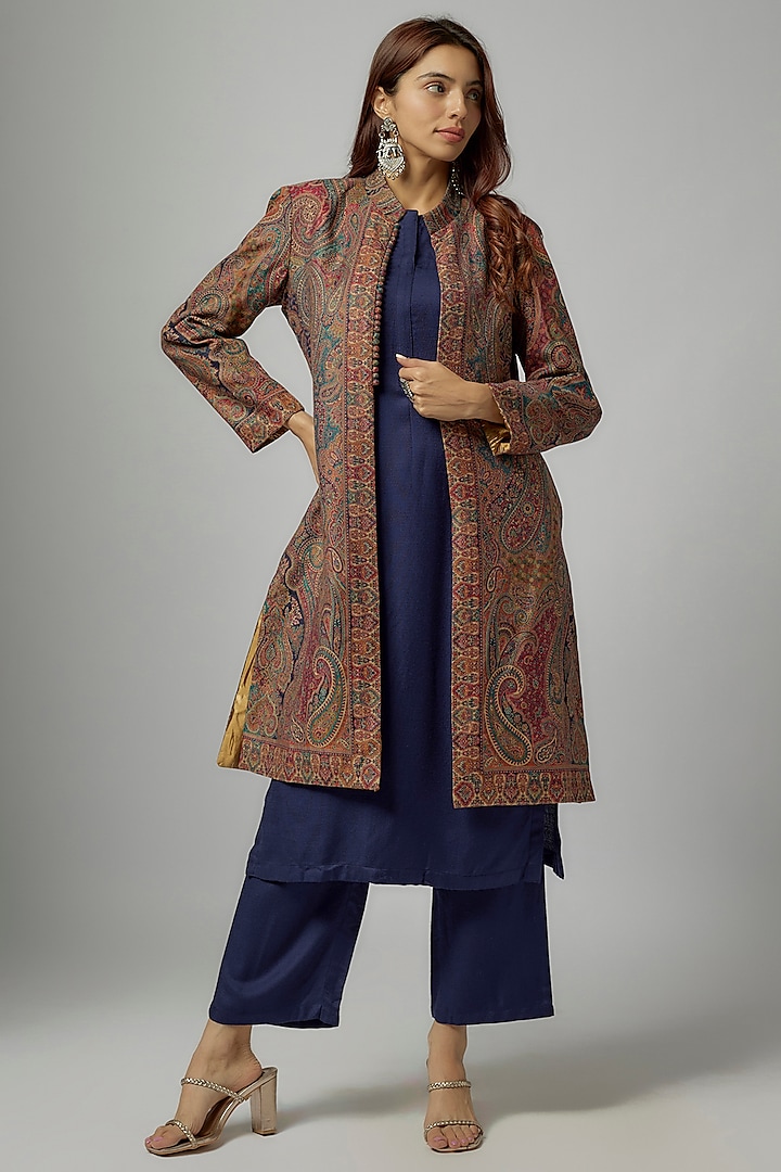 Blue Acro Wool Weaves Embroidered Kashmiri Jacket Set by Safaa