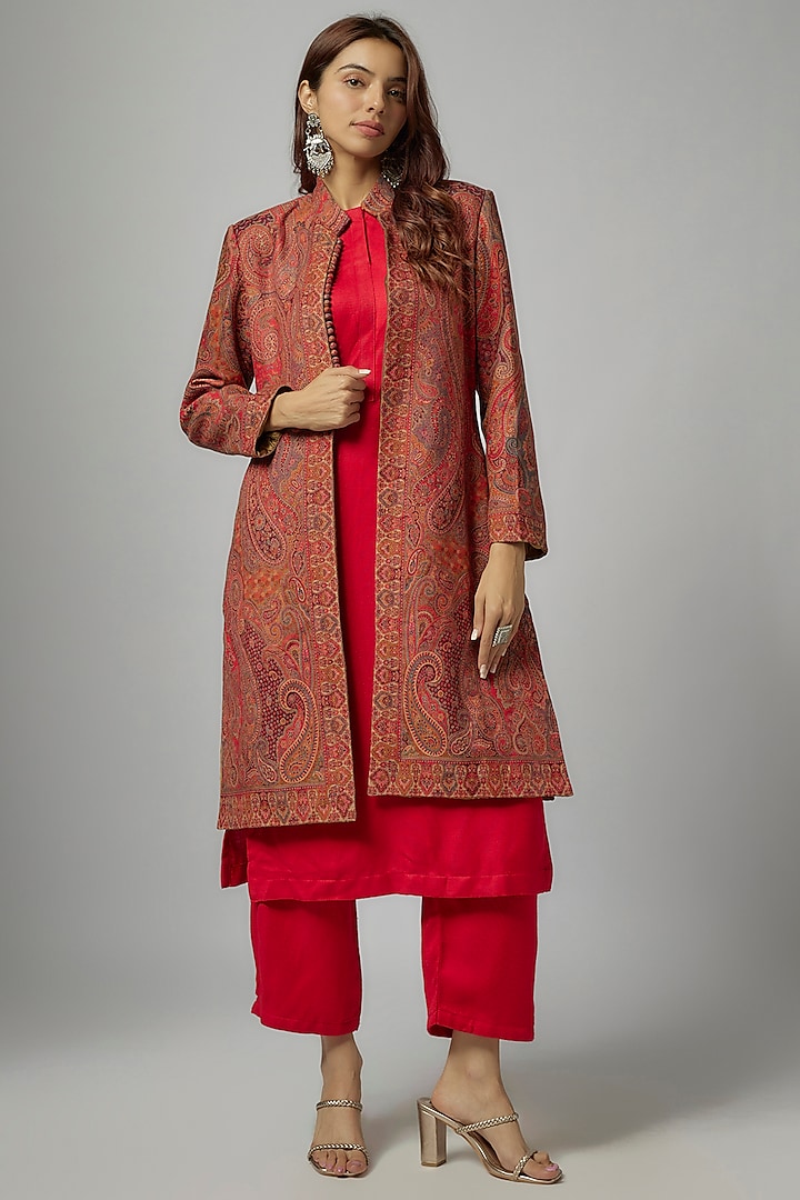 Red Acro Wool Weaves Embroidered Kashmiri Jacket Set by Safaa