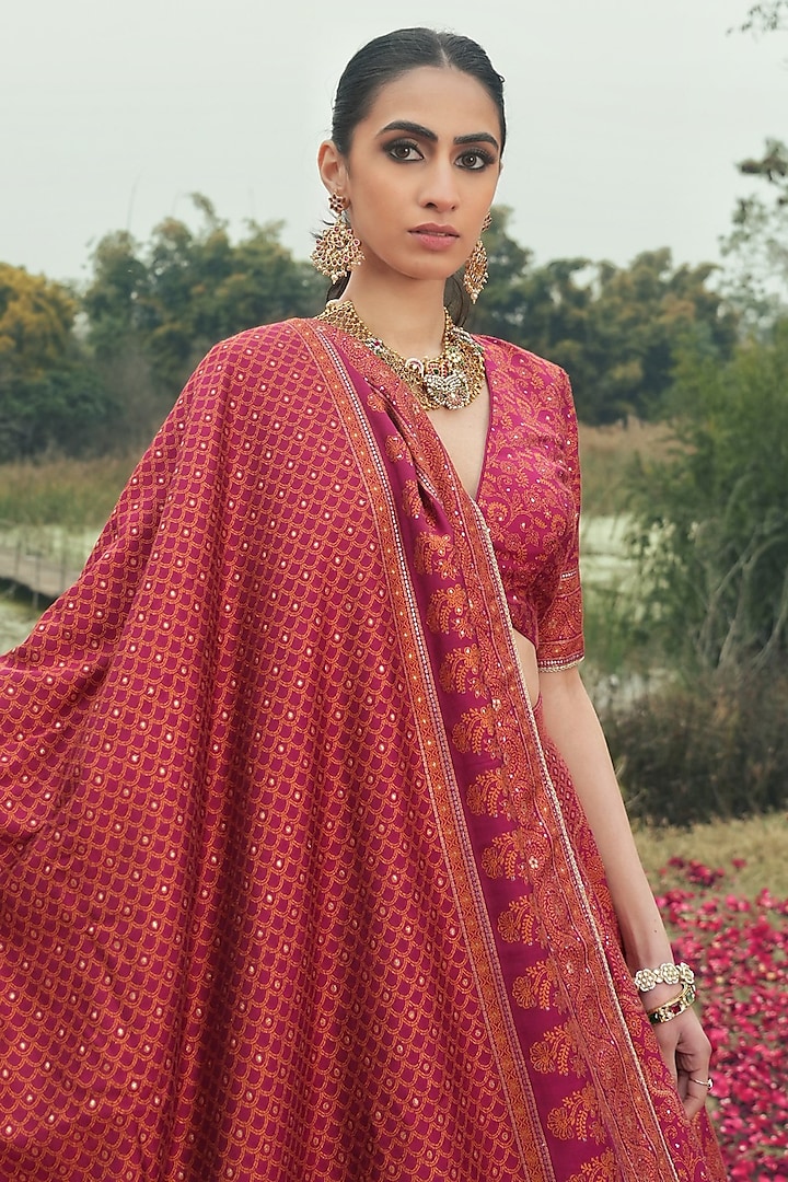 Magenta Vegan Silk Chikankari Woven Wedding Lehenga Set by Safaa at Pernia's Pop Up Shop