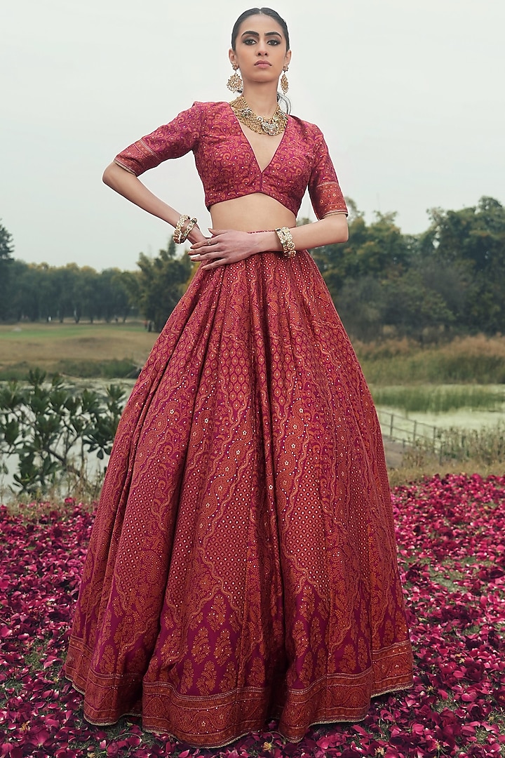 Magenta Vegan Silk Chikankari Woven Wedding Lehenga Set by Safaa at Pernia's Pop Up Shop