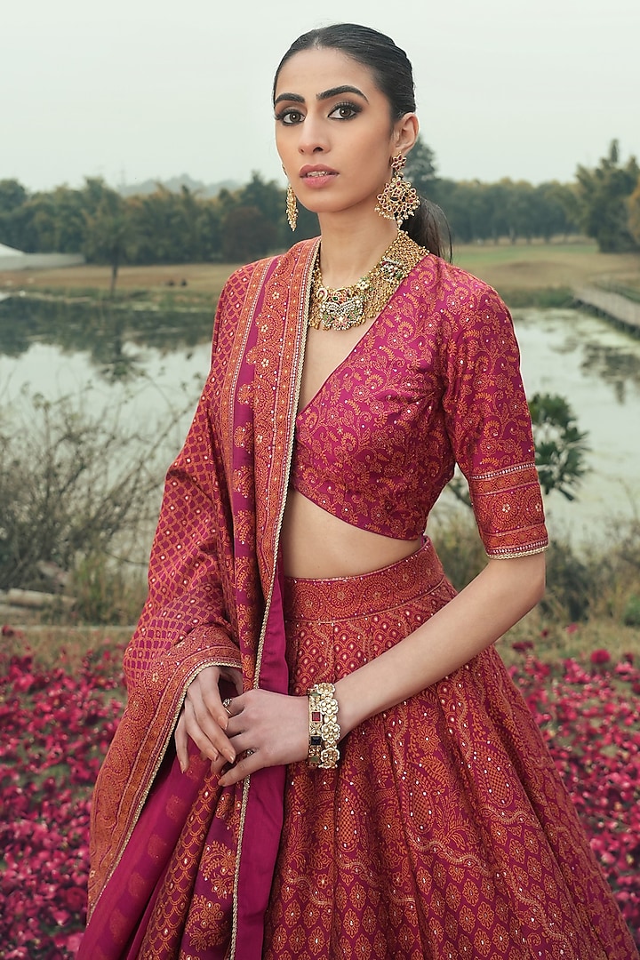 Magenta Vegan Silk Chikankari Woven Wedding Lehenga Set by Safaa at Pernia's Pop Up Shop